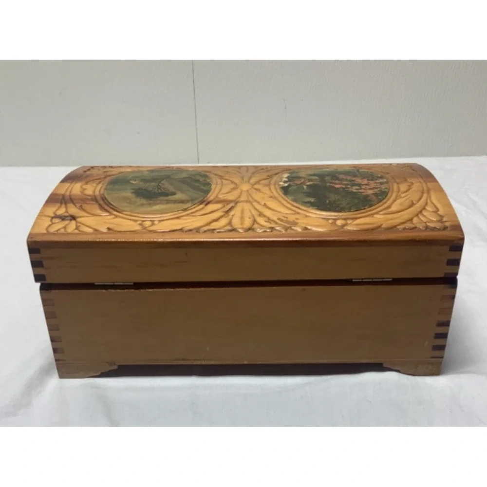 Vintage Carved Cedar Chest Wood Jewelry Box 11 x 6 